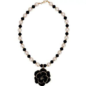 Handmade Boho Glass Pearl Necklace 22” | Black Enamel Floral Pendant | Vintage